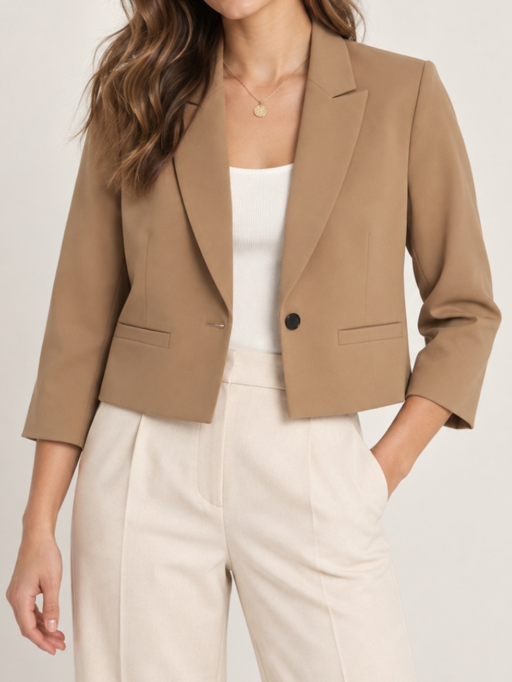 NWT Express Crepe Single Breasted Crop Blazer Jacket Career Preppy Tan Large